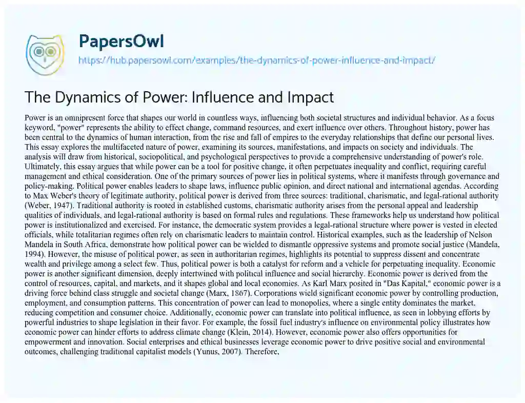 Essay on The Dynamics of Power: Influence and Impact
