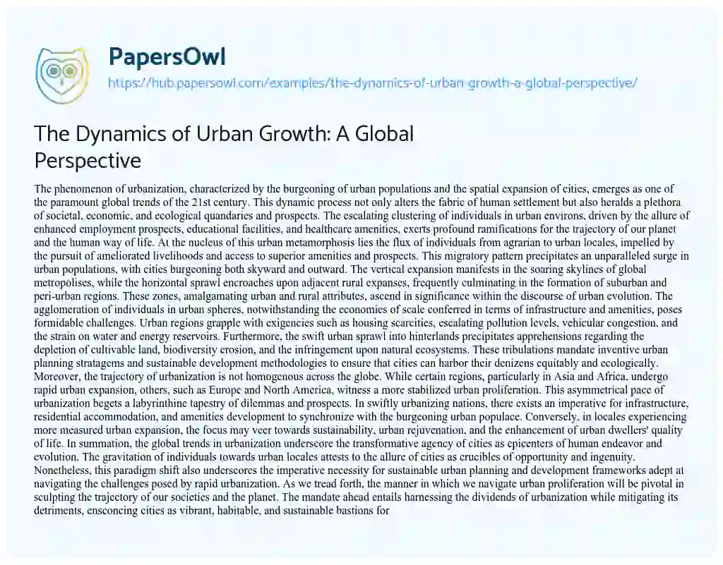 Essay on The Dynamics of Urban Growth: A Global Perspective