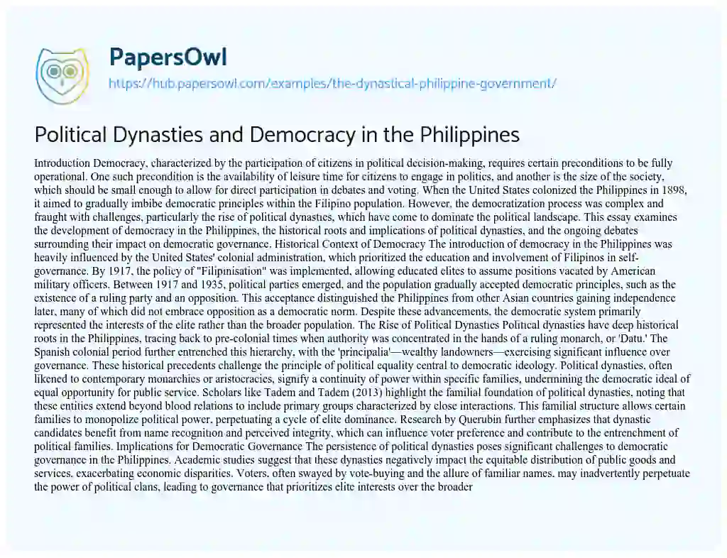 Essay on Political Dynasties and Democracy in the Philippines