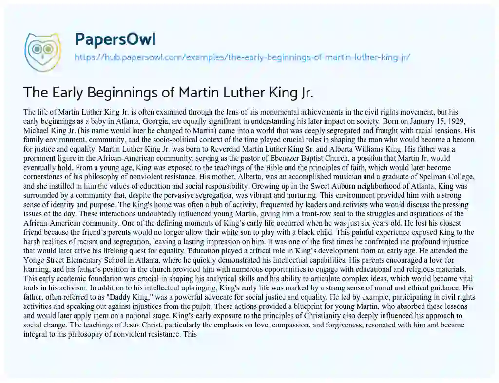 Essay on The Early Beginnings of Martin Luther King Jr.
