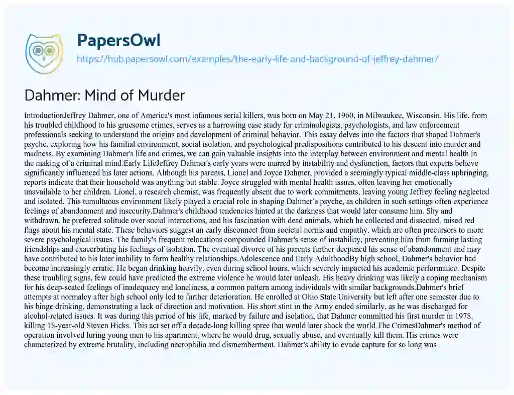 Essay on Dahmer: Mind of Murder