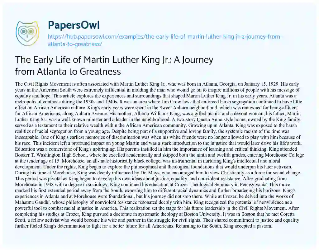 Essay on The Early Life of Martin Luther King Jr.: A Journey from Atlanta to Greatness