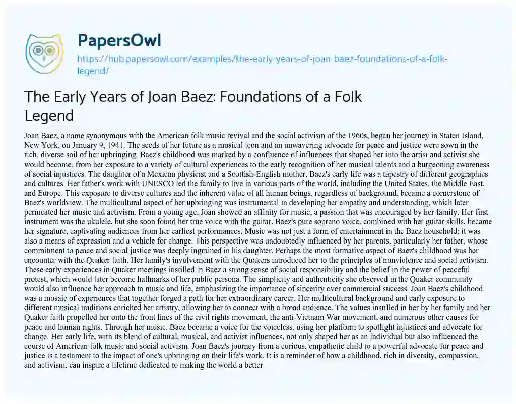 Essay on The Early Years of Joan Baez: Foundations of a Folk Legend