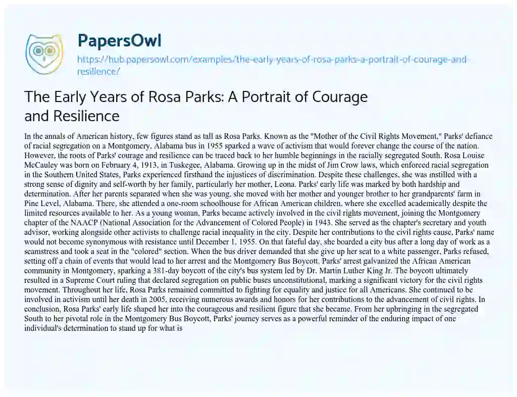 Essay on The Early Years of Rosa Parks: A Portrait of Courage and Resilience