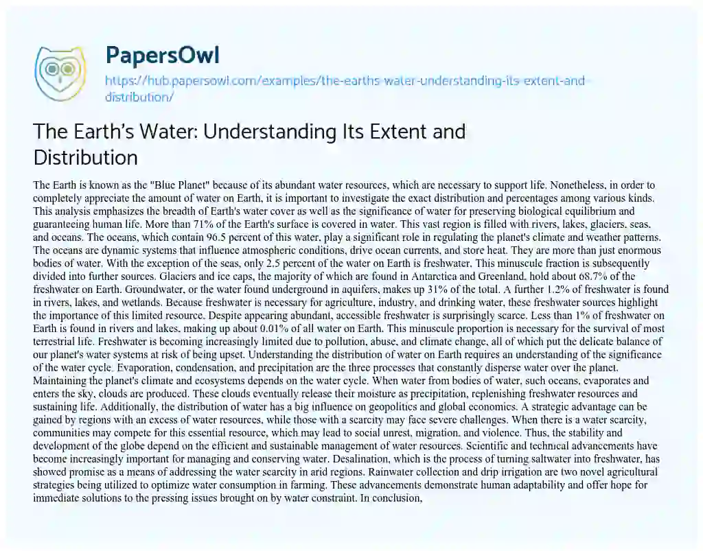 Essay on The Earth’s Water: Understanding Its Extent and Distribution