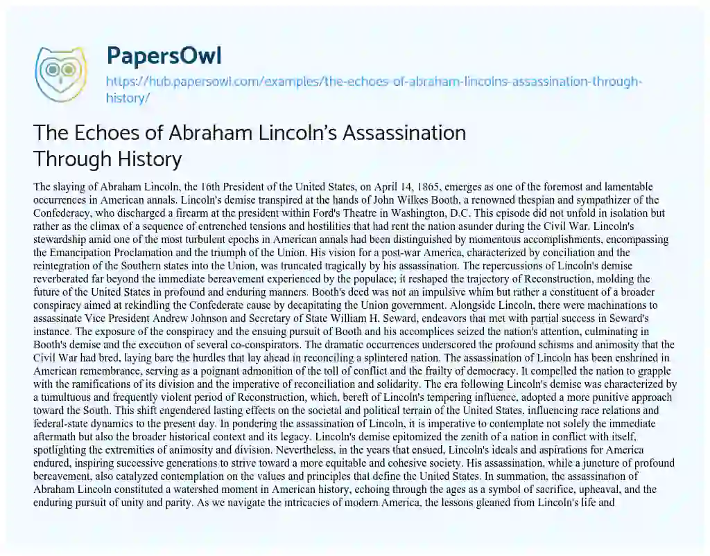 Essay on The Echoes of Abraham Lincoln’s Assassination Through History