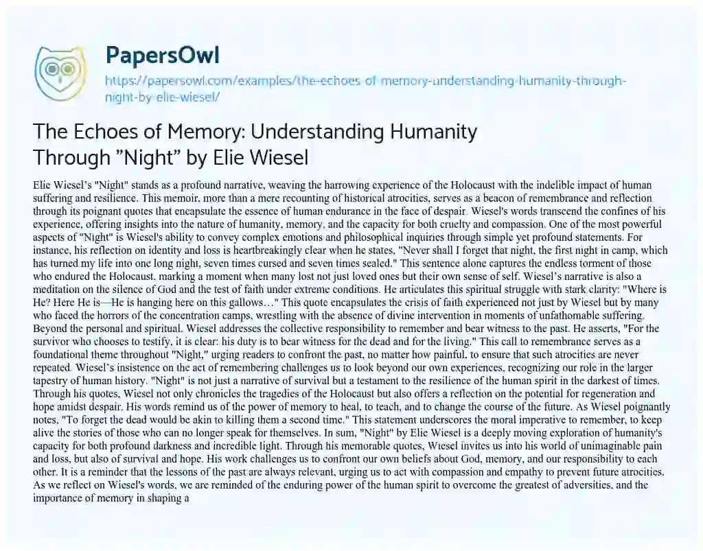 Essay on The Echoes of Memory: Understanding Humanity Through “Night” by Elie Wiesel