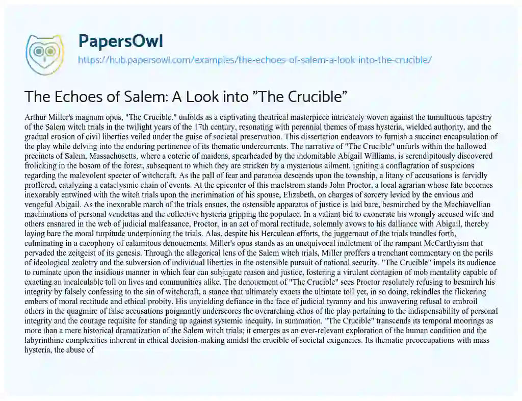 Essay on The Echoes of Salem: A Look into “The Crucible”