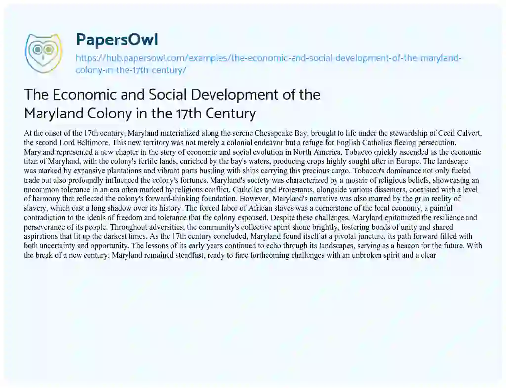 Essay on The Economic and Social Development of the Maryland Colony in the 17th Century