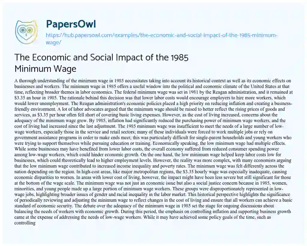 Essay on The Economic and Social Impact of the 1985 Minimum Wage