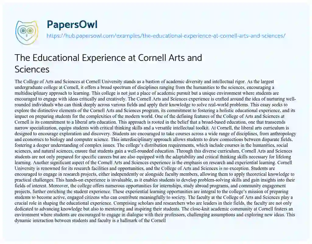 Essay on The Educational Experience at Cornell Arts and Sciences