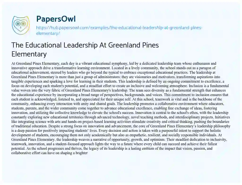 Essay on The Educational Leadership At Greenland Pines Elementary