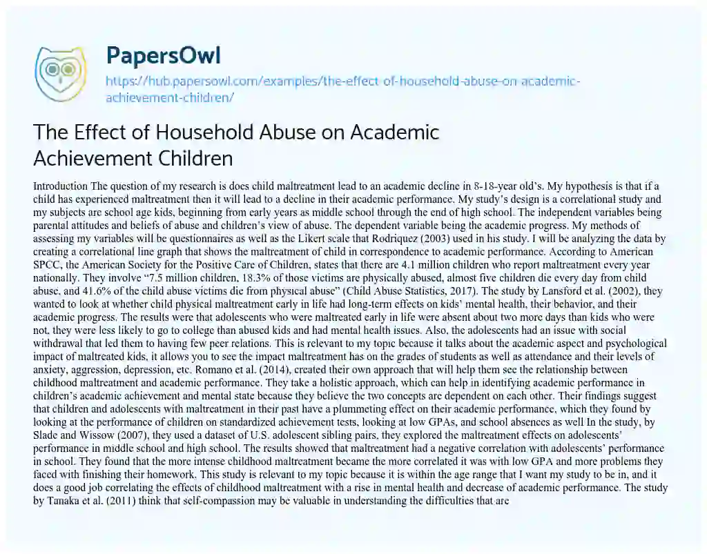 Essay on The Effect of Household Abuse on Academic Achievement Children