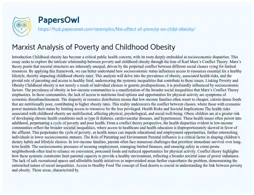 Essay on Marxist Analysis of Poverty and Childhood Obesity