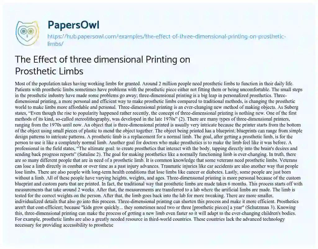 Essay on The Effect of three dimensional Printing on Prosthetic Limbs