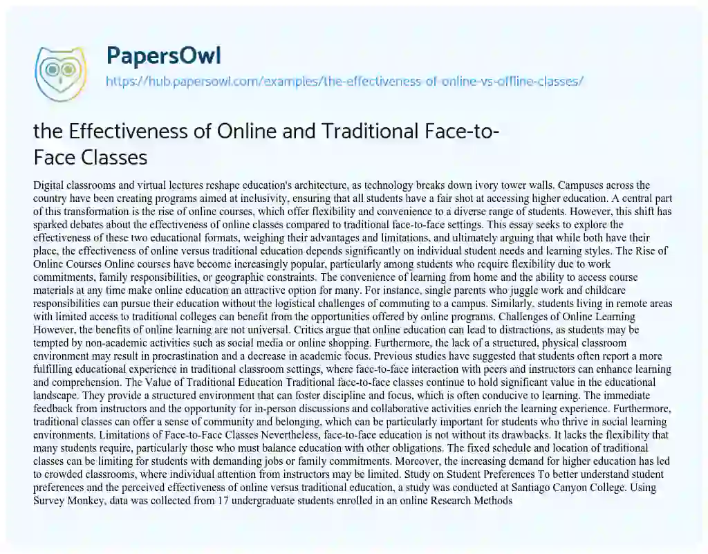 Essay on the Effectiveness of Online and Traditional Face-to-Face Classes