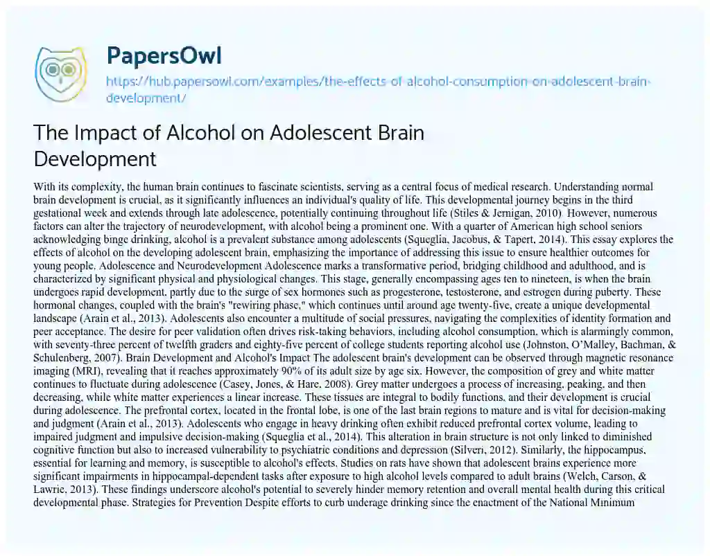 Essay on The Impact of Alcohol on Adolescent Brain Development