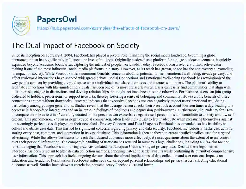Essay on The Dual Impact of Facebook on Society