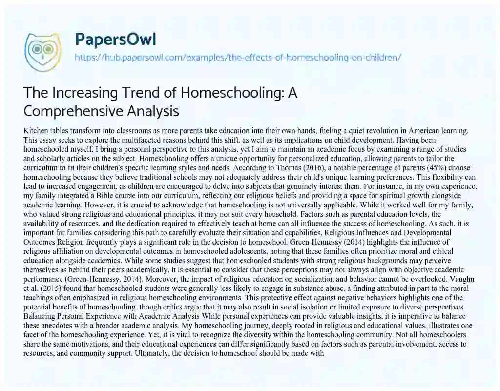 Essay on The Increasing Trend of Homeschooling: A Comprehensive Analysis