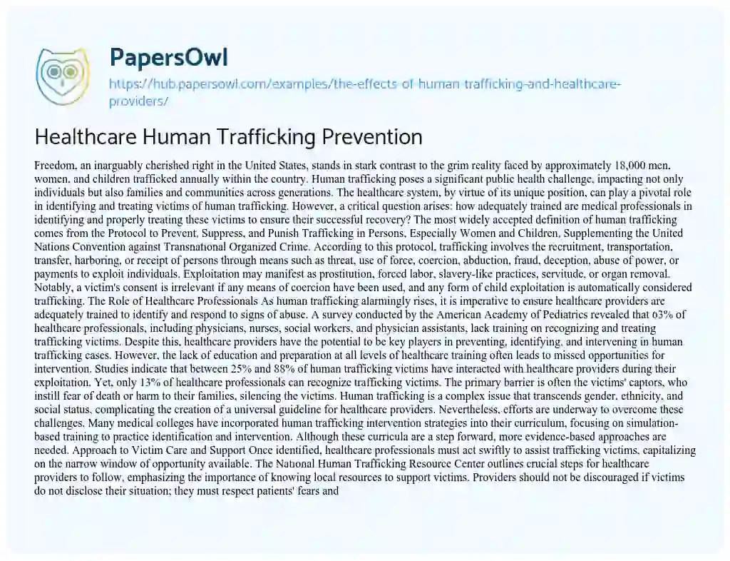Essay on Healthcare Human Trafficking Prevention