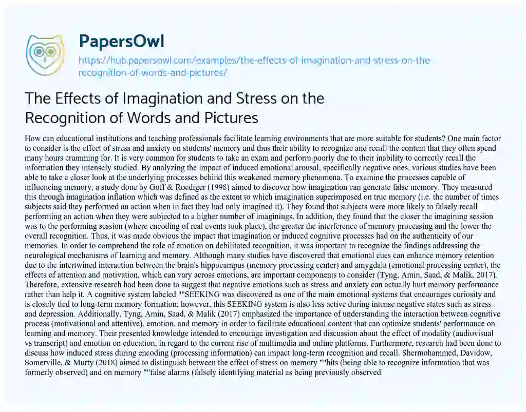 Essay on The Effects of Imagination and Stress on the Recognition of Words and Pictures