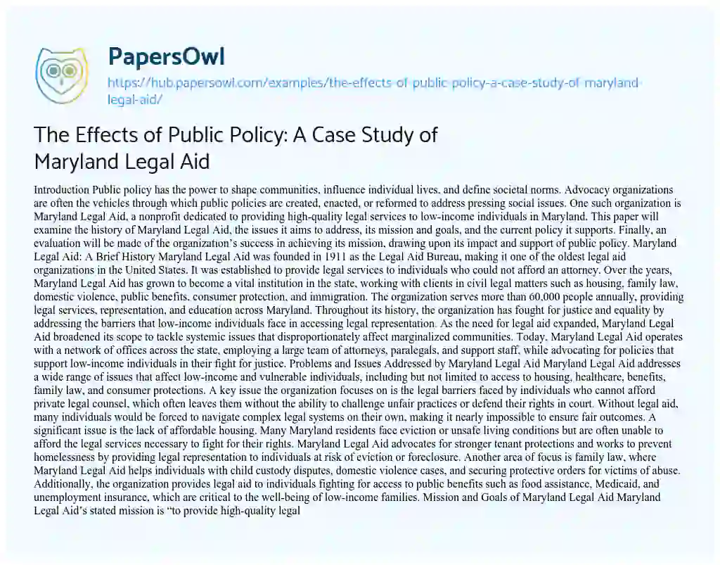Essay on The Effects of Public Policy: A Case Study of Maryland Legal Aid