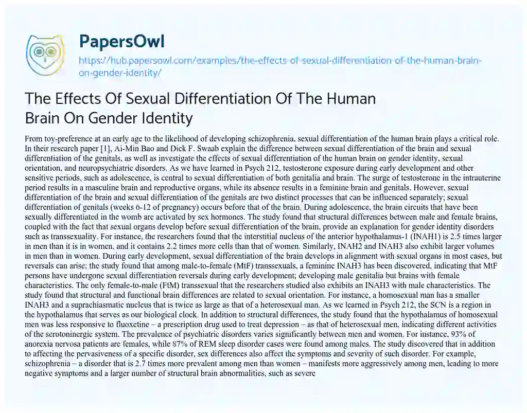 Essay on The Effects Of Sexual Differentiation Of The Human Brain On Gender Identity