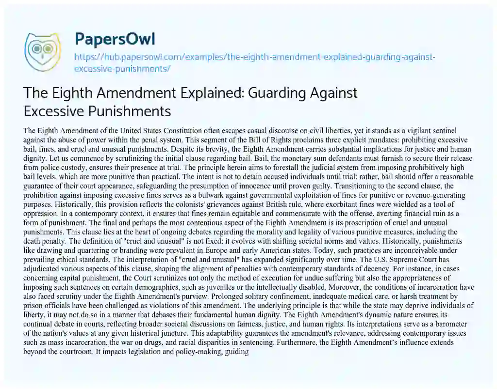 Essay on The Eighth Amendment Explained: Guarding Against Excessive Punishments