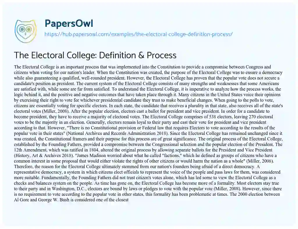 Essay on The Electoral College: Definition & Process