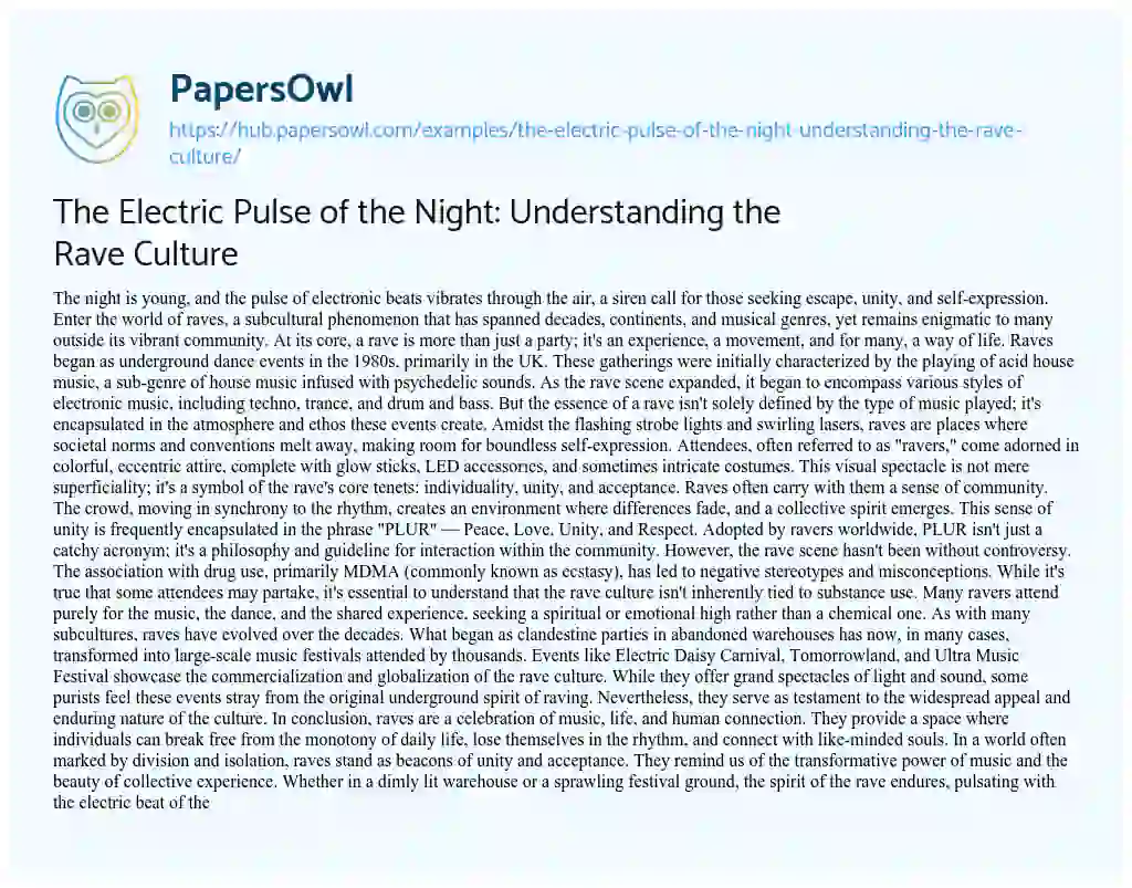 Essay on The Electric Pulse of the Night: Understanding the Rave Culture