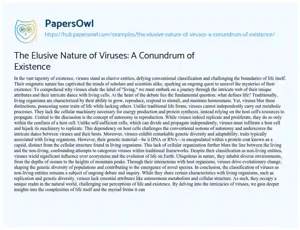 Essay on The Elusive Nature of Viruses: A Conundrum of Existence