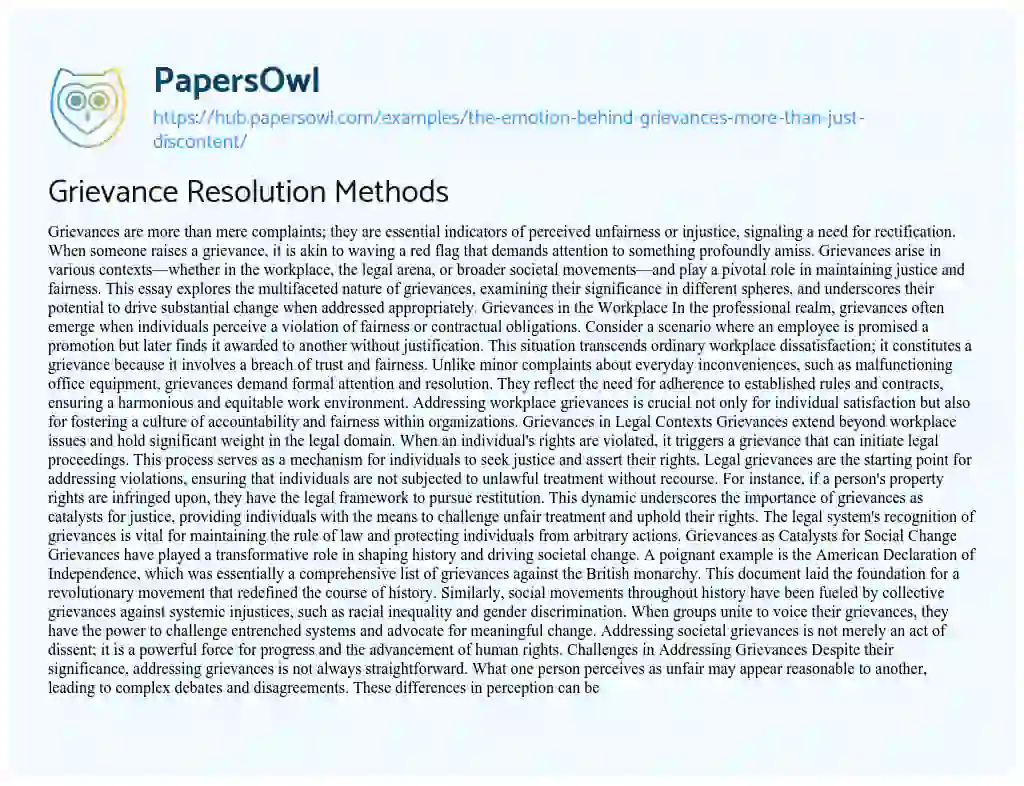 Essay on Grievance Resolution Methods