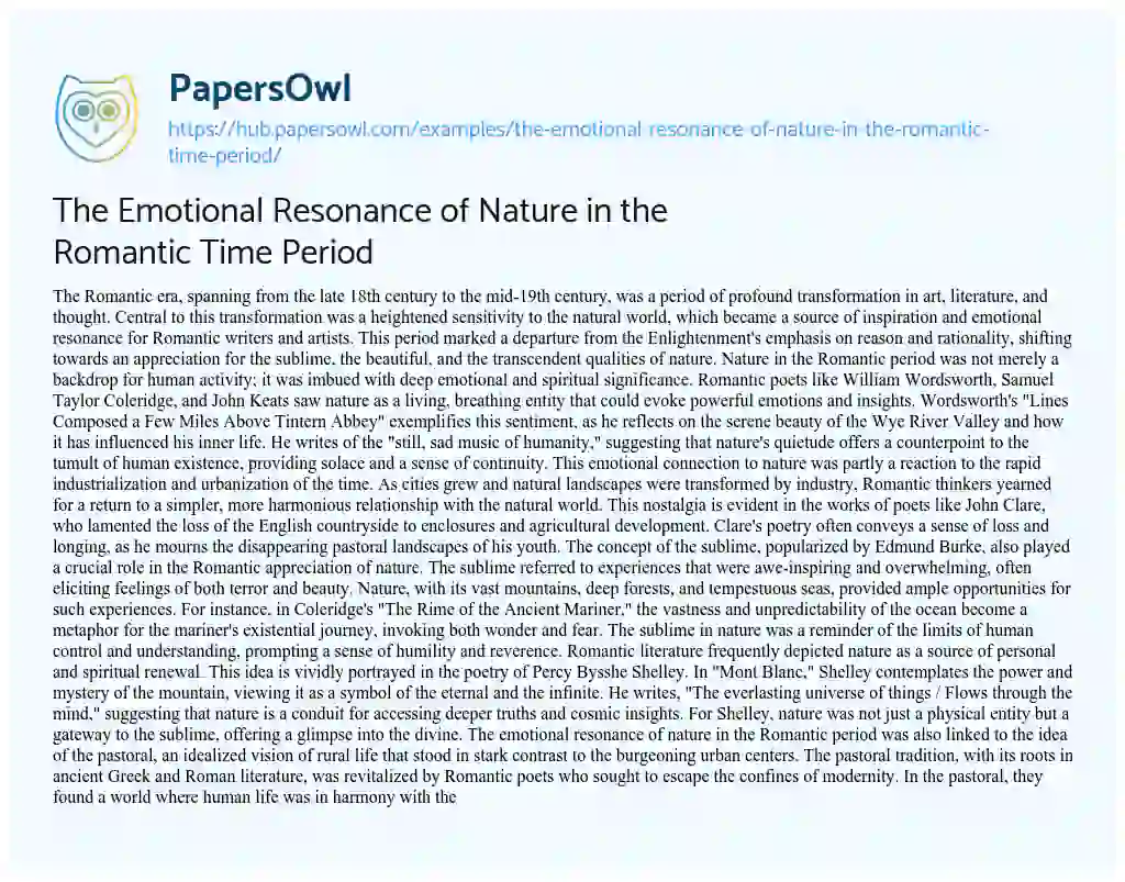 Essay on The Emotional Resonance of Nature in the Romantic Time Period