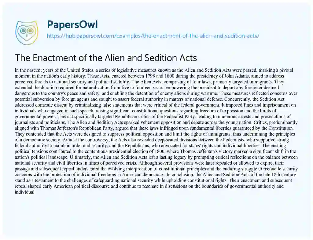 Essay on The Enactment of the Alien and Sedition Acts