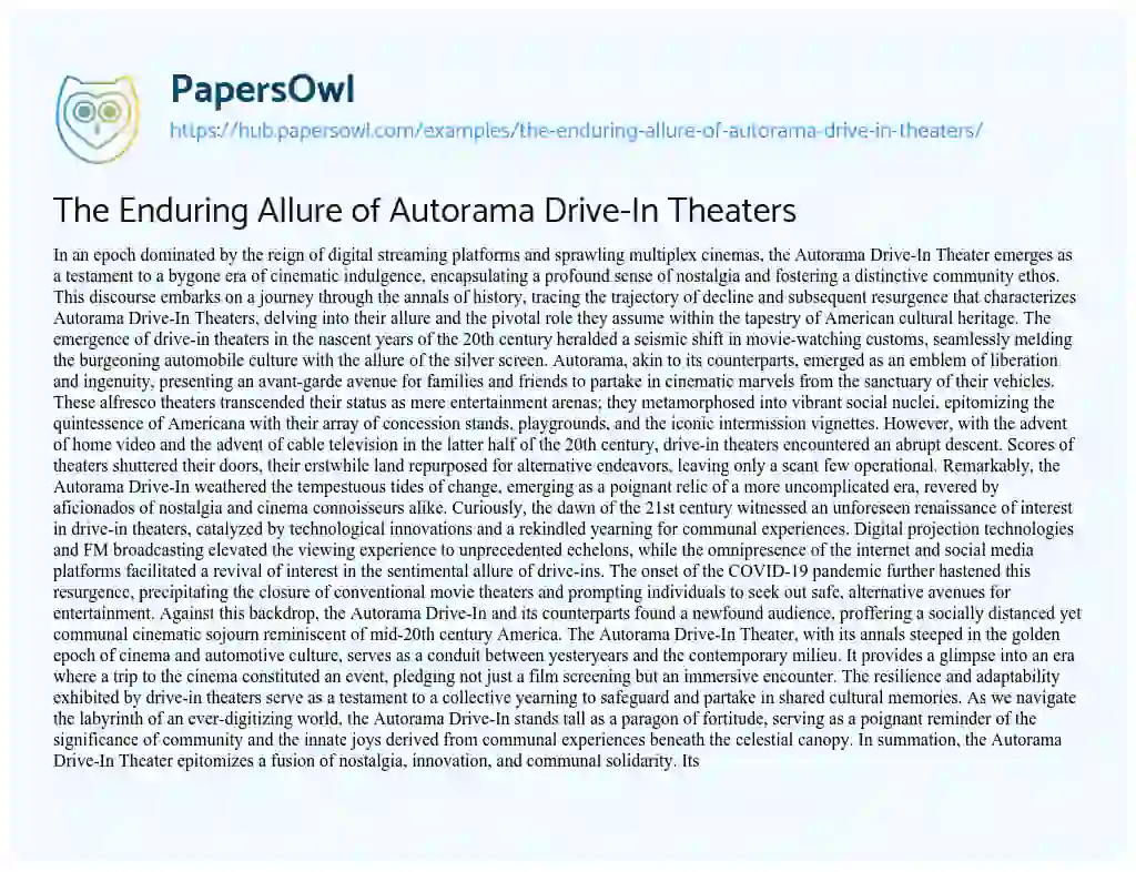 Essay on The Enduring Allure of Autorama Drive-In Theaters