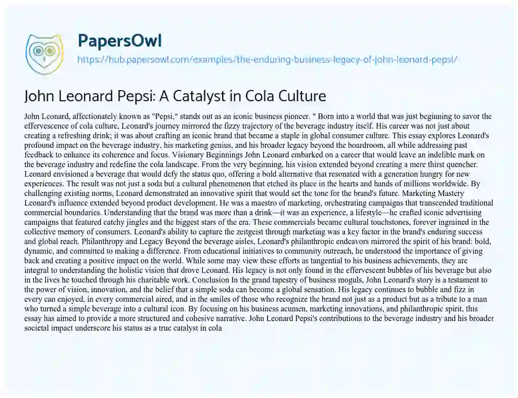 Essay on John Leonard Pepsi: A Catalyst in Cola Culture