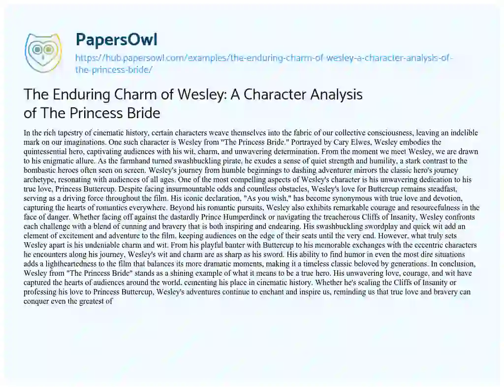 Essay on The Enduring Charm of Wesley: A Character Analysis of The Princess Bride