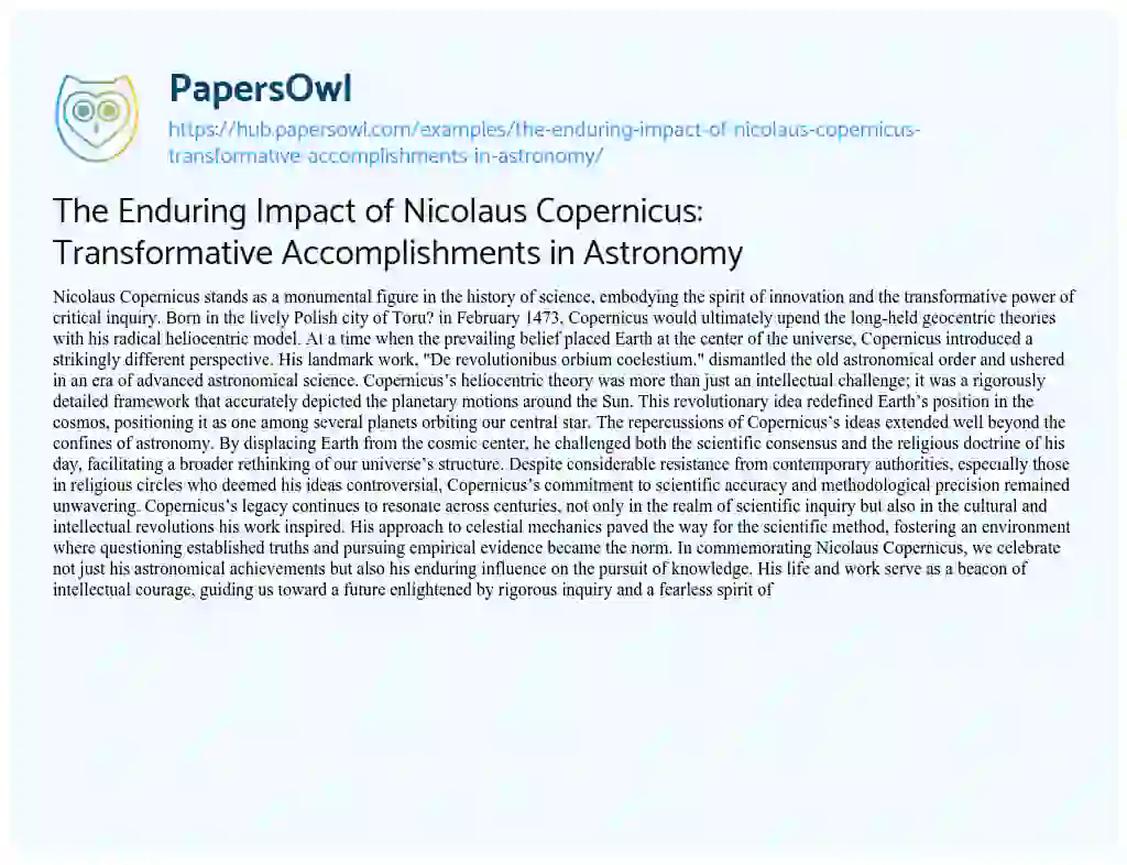 Essay on The Enduring Impact of Nicolaus Copernicus: Transformative Accomplishments in Astronomy