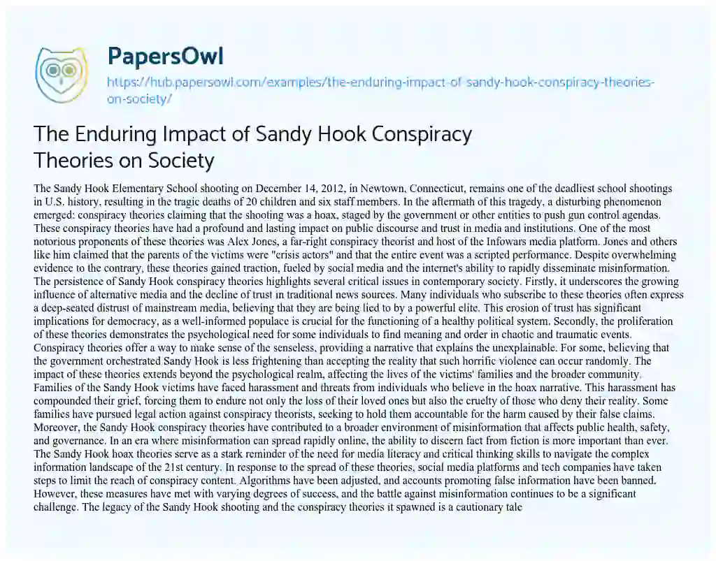 Essay on The Enduring Impact of Sandy Hook Conspiracy Theories on Society