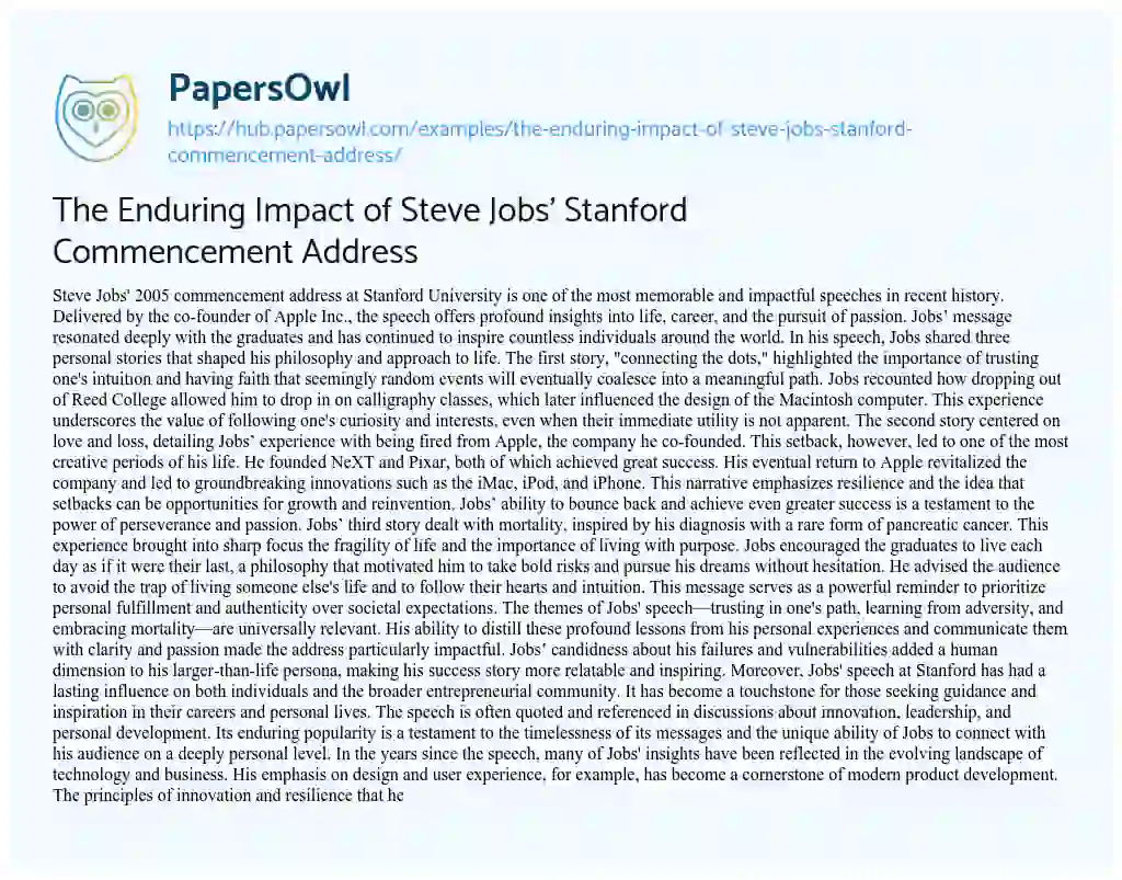Essay on The Enduring Impact of Steve Jobs’ Stanford Commencement Address