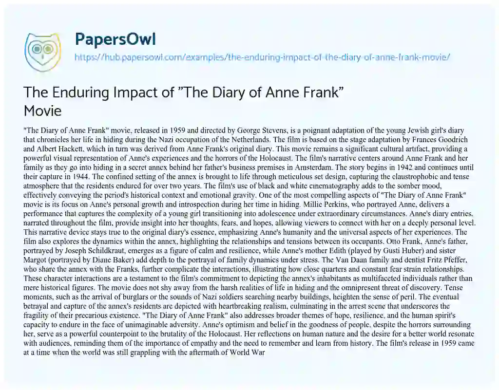Essay on The Enduring Impact of “The Diary of Anne Frank” Movie