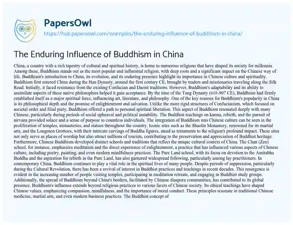 Essay on The Enduring Influence of Buddhism in China