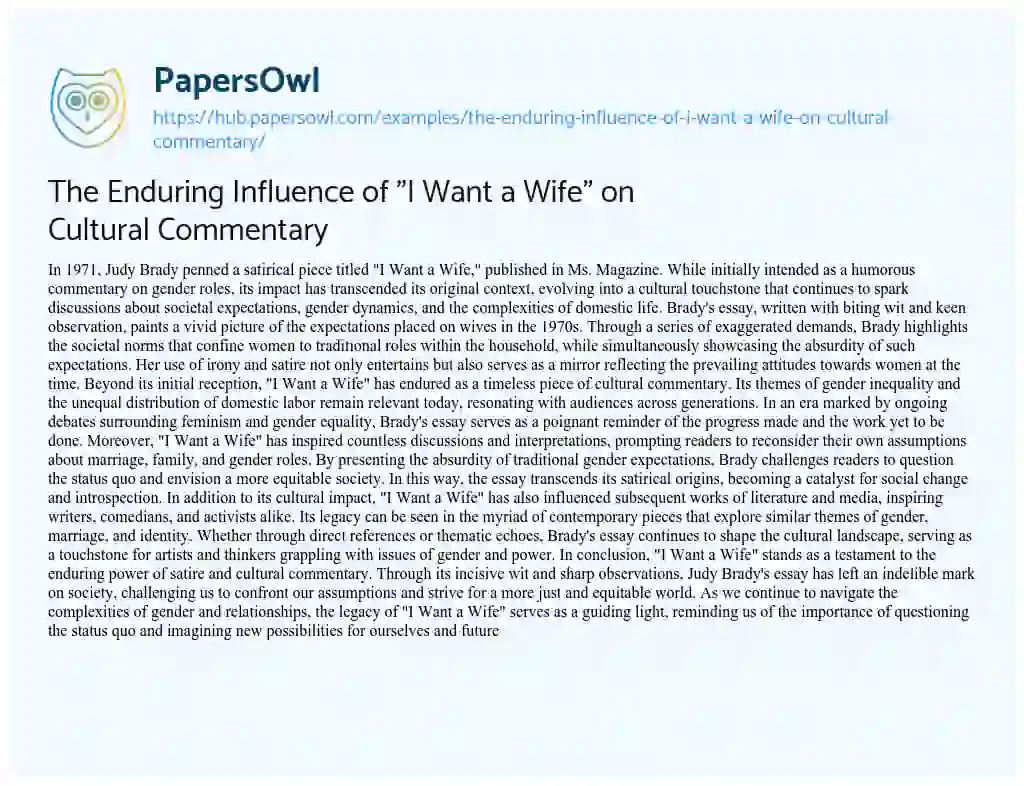 Essay on The Enduring Influence of “I Want a Wife” on Cultural Commentary