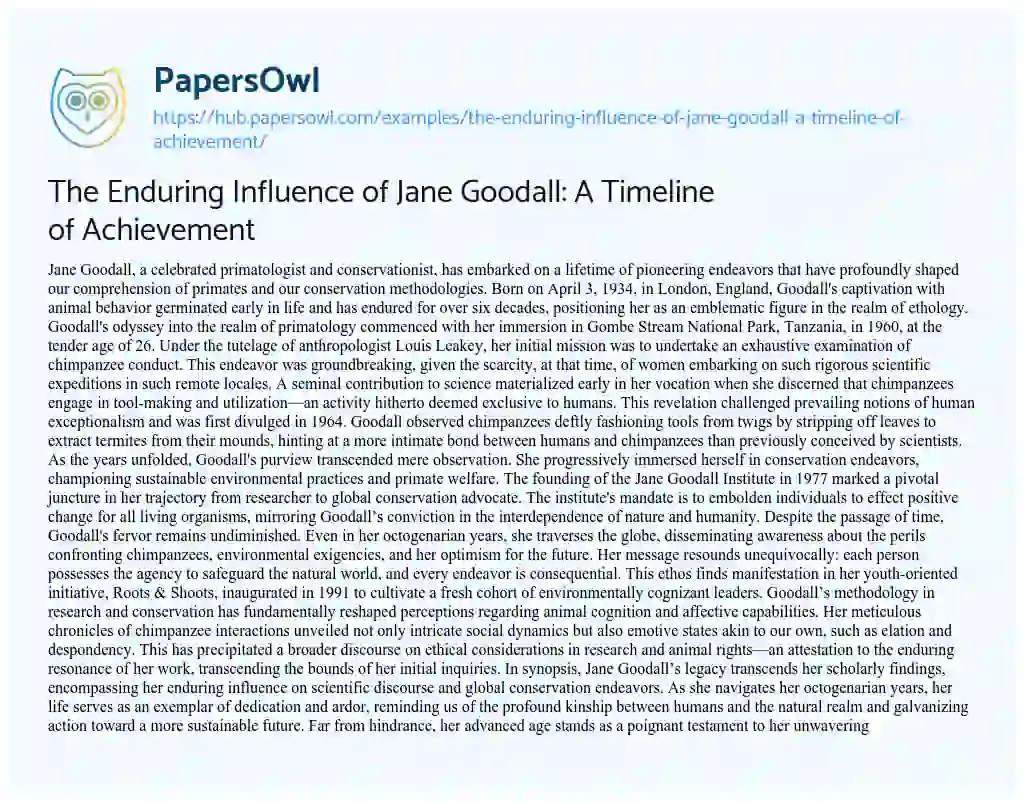 Essay on The Enduring Influence of Jane Goodall: A Timeline of Achievement