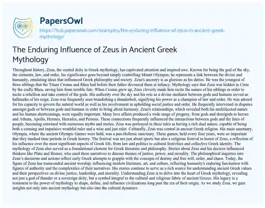 Essay on The Enduring Influence of Zeus in Ancient Greek Mythology