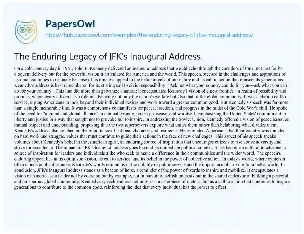 Essay on The Enduring Legacy of JFK’s Inaugural Address