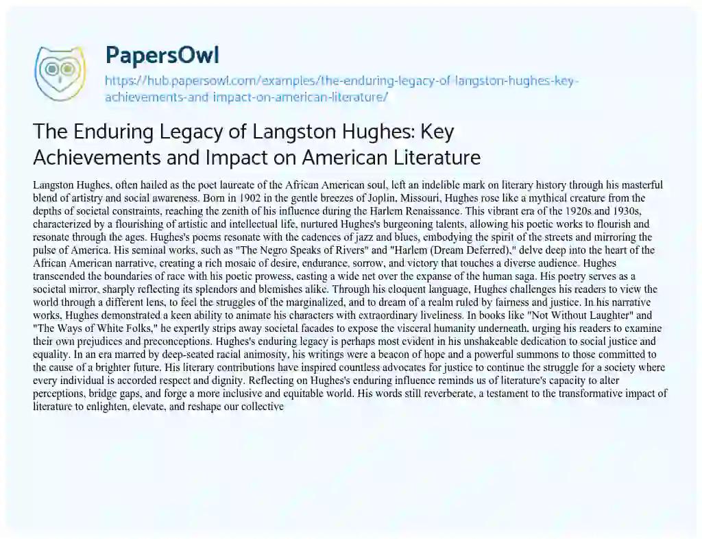 Essay on The Enduring Legacy of Langston Hughes: Key Achievements and Impact on American Literature