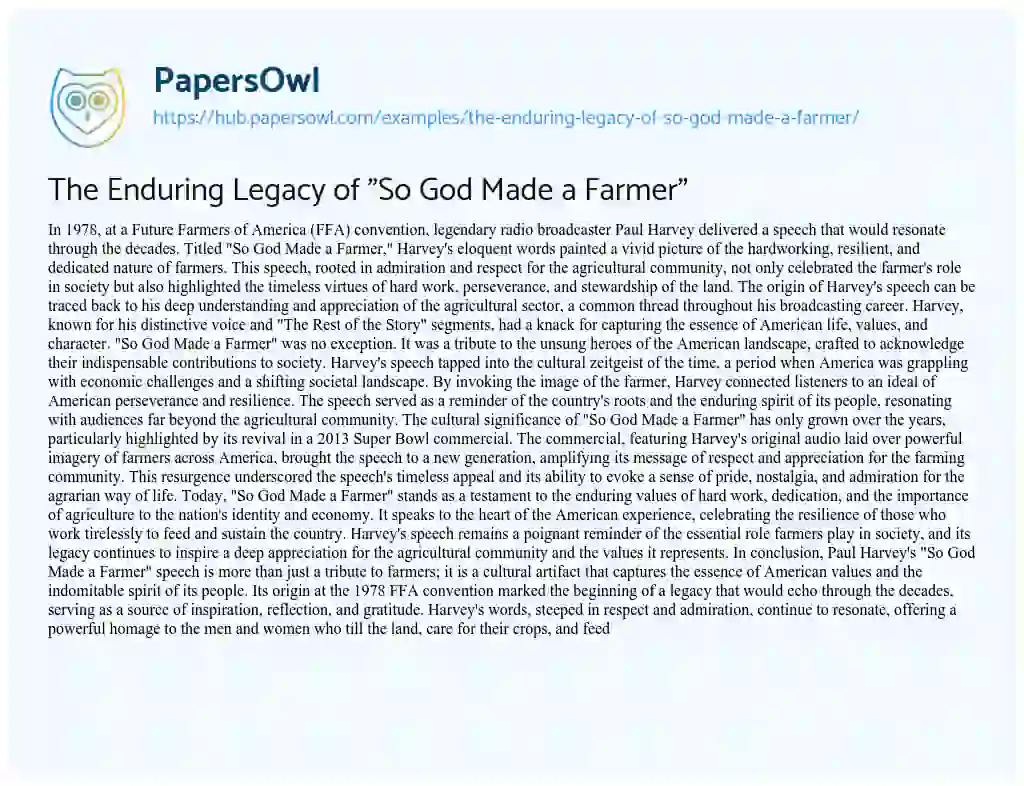 Essay on The Enduring Legacy of “So God Made a Farmer”
