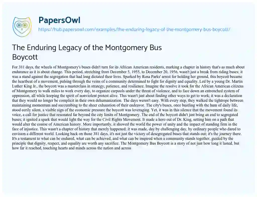Essay on The Enduring Legacy of the Montgomery Bus Boycott