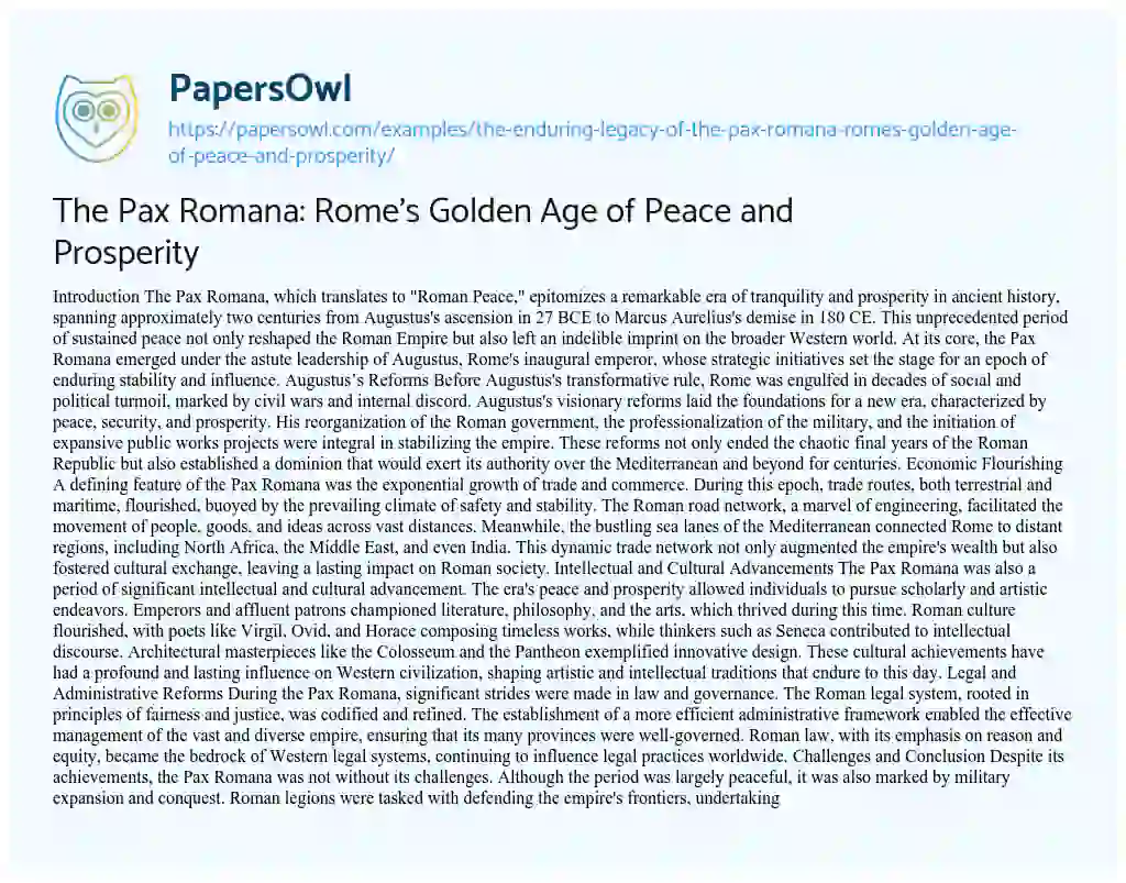 Essay on The Pax Romana: Rome’s Golden Age of Peace and Prosperity